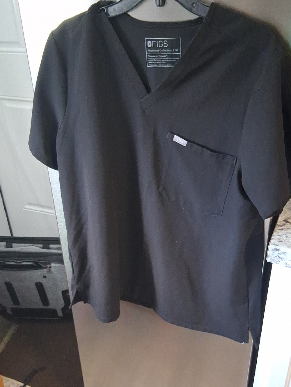 Figs Black V-Neck Scrub Top with Chest Pocket